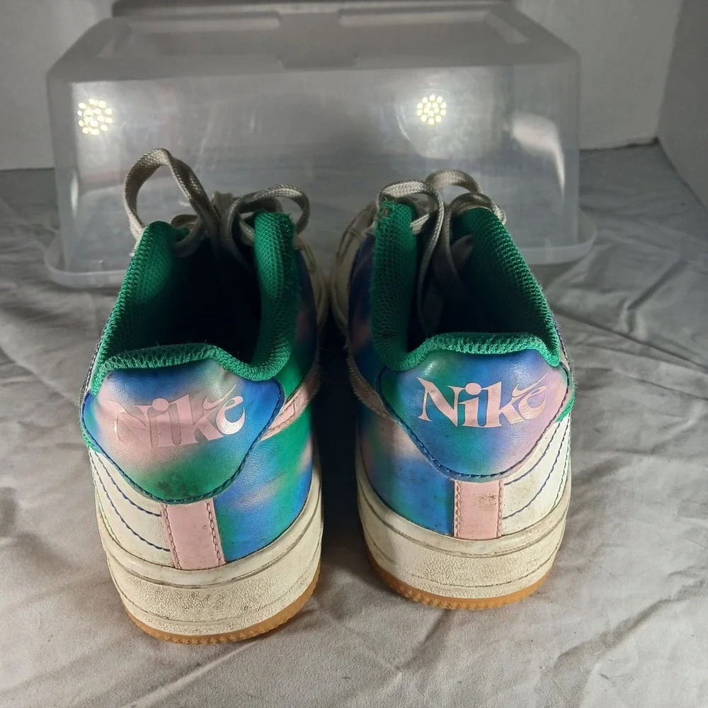 Nike Air‎ Force 1 Low Youth GS White Green Pink Iridescent Swoosh Shoes 4.5Y